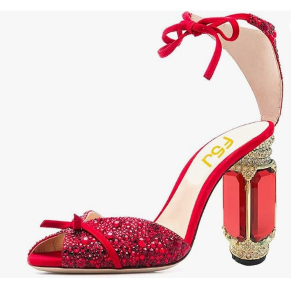 FSJ Red Crimson Open Toe Stylish Sandal Ankle Strap Crystal Block High Heel Shoe